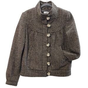 Orsay Tweed Mock Neck Button Wool Plaid Blazer Jacket Brown Womens EU 38 US 6